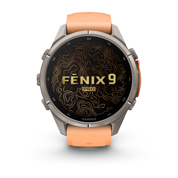 Garmin fenix 9 Pro – inReach, 43 mm Titanium with Shell Pink/Autumn Orange Silicone Ban — right profile