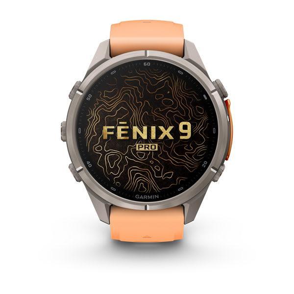 Garmin fenix 9 Pro – inReach, 43 mm Titanium with Shell Pink/Autumn Orange Silicone Ban — right profile