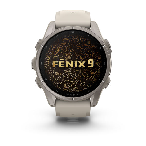 Garmin fenix 9 – 43 mm, Titanium with Fog Gray Silicone Band — right profile
