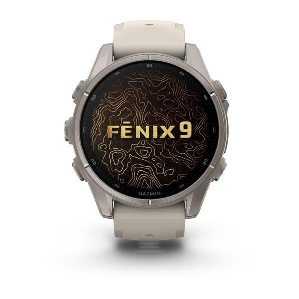 Garmin fenix 9 – 43 mm, Titanium with Fog Gray Silicone Band — right profile