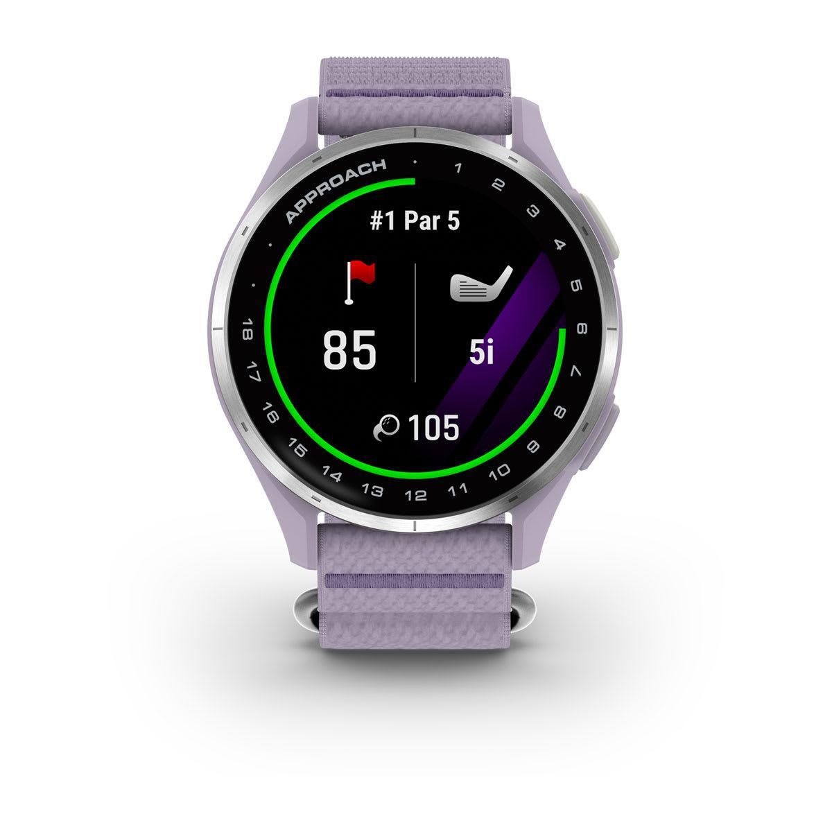Garmin Approach J1 Junior GPS Golf Smartwatch – Silver Aluminum Bezel with Lilac ComfortFit Fabric Band