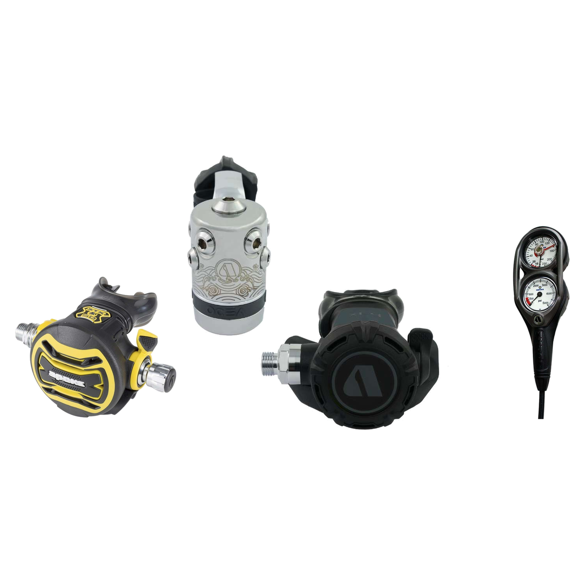 Apeks Complete Regulator Set – XL4 OCEA Regulator + XTX50 Octopus + 2-Gauge Console — YOKE, Black Grey
