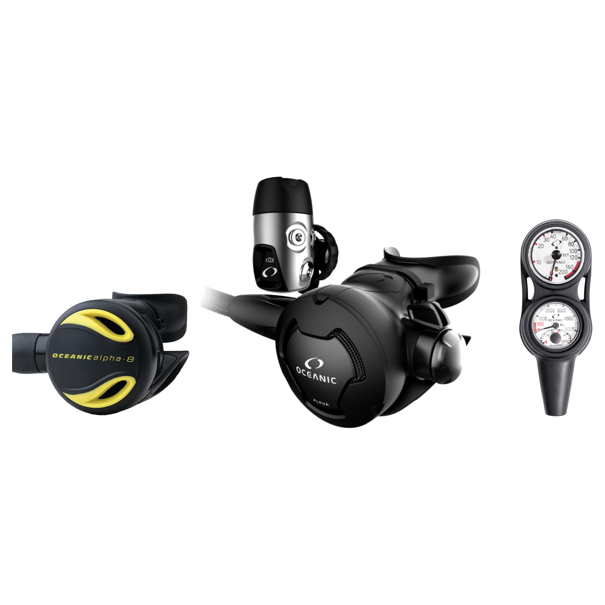 Oceanic Complete Regulator Set – Alpha 10 and cDx Regulator + Alpha 8 Octopus + Maxdepth Console — includes Oceanic Alpha 10…