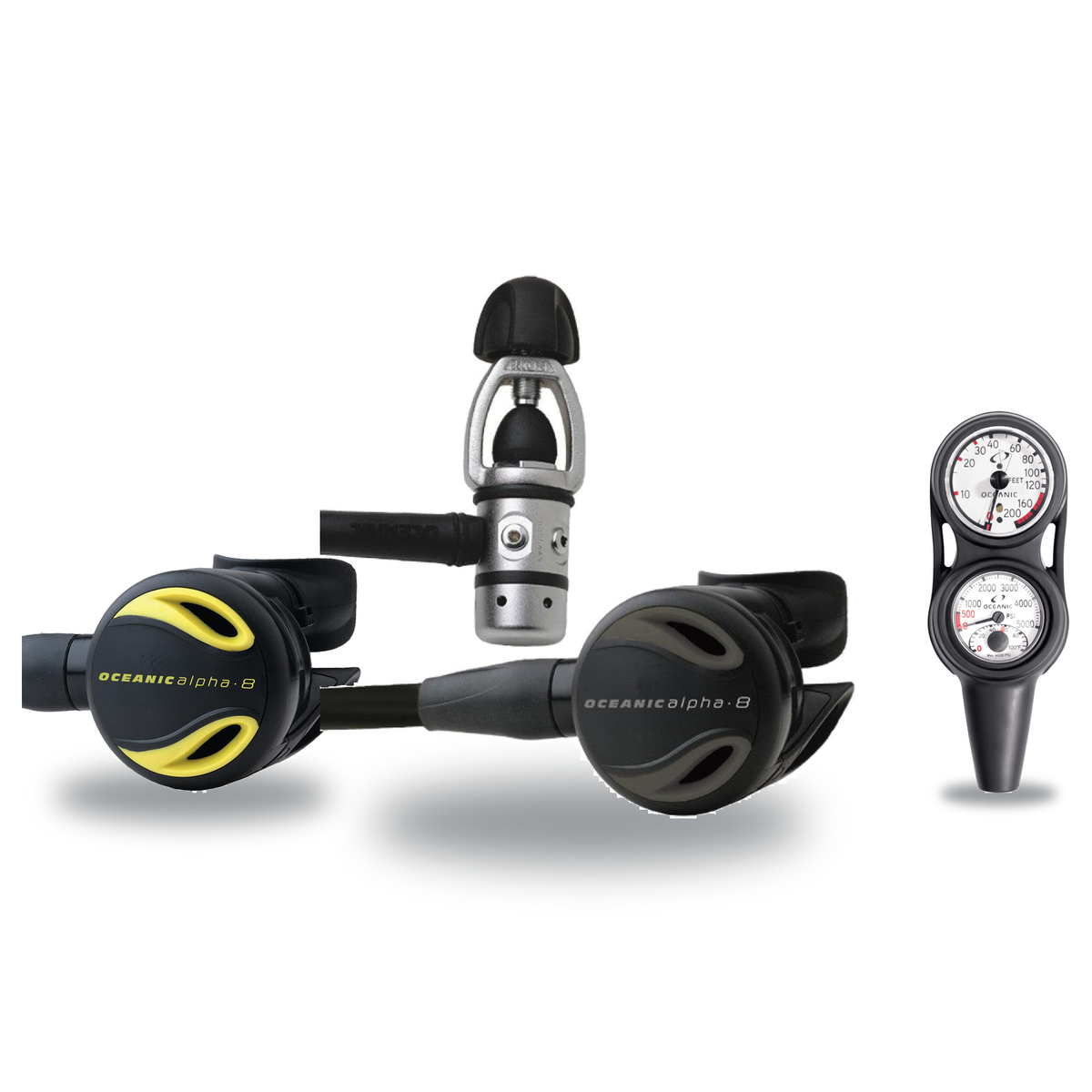 Oceanic Complete Regulator Set – Alpha 8 Sport Yoke Regulator + Alpha 8 Octopus + Maxdepth Console — includes Oceanic Alpha…