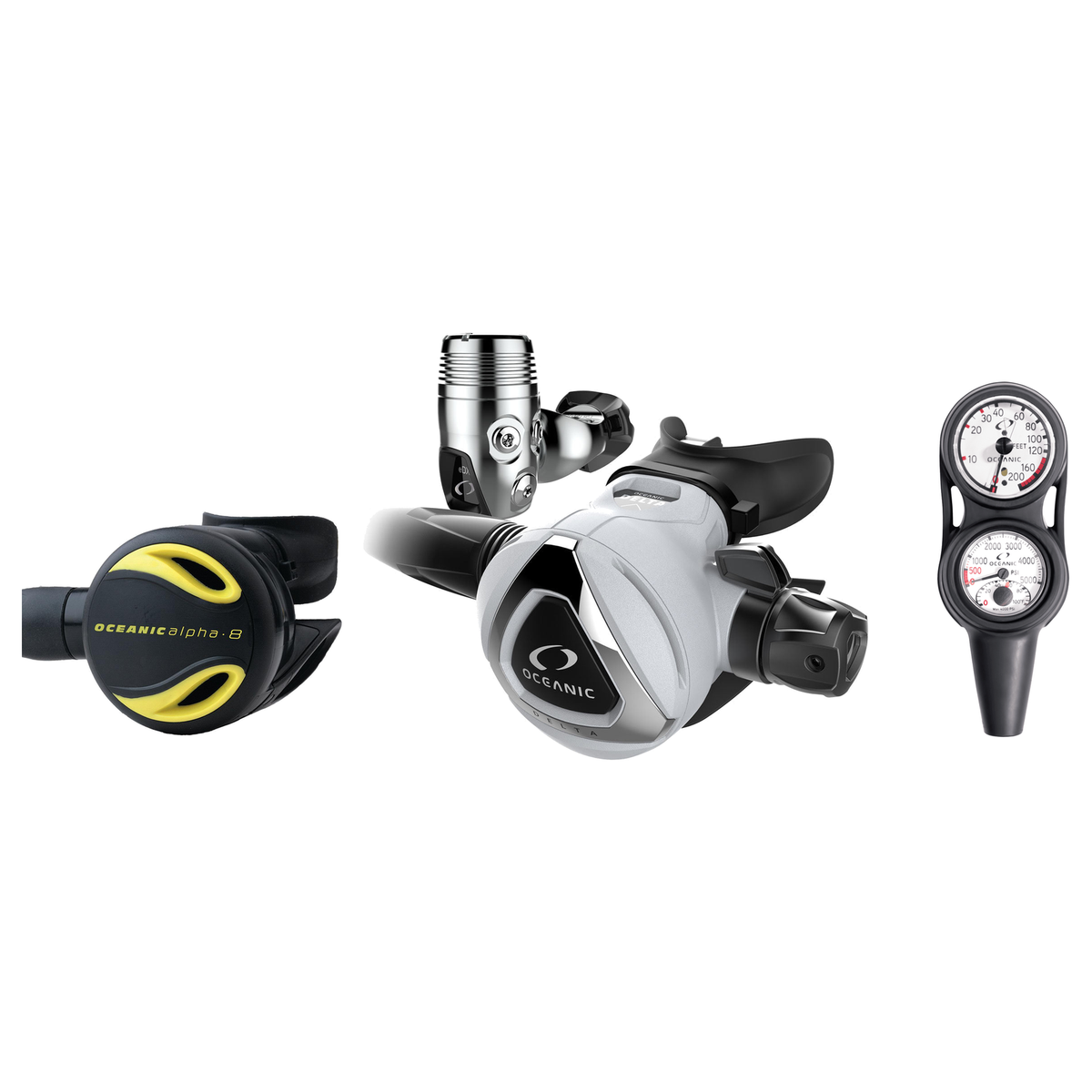 Oceanic Complete Regulator Set – Delta 5 + EDX Regulator + Alpha 8 Octopus + Maxdepth Console — includes Oceanic Delta 5 + E…