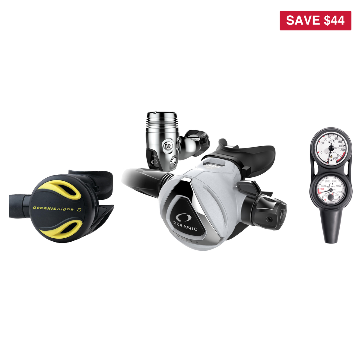 Oceanic Complete Regulator Set – Delta 5 + EDX Regulator + Alpha 8 Octopus + Maxdepth Console — includes Oceanic Delta 5 + E…