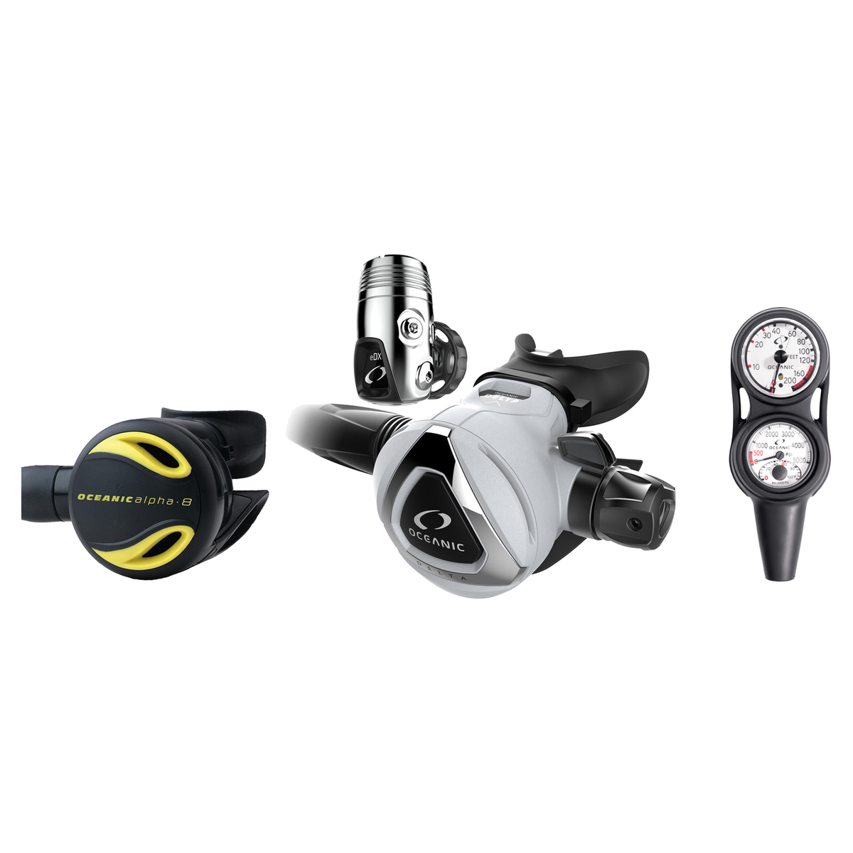 Oceanic Complete Regulator Set – Delta 5 + EDX Regulator + Alpha 8 Octopus + Maxdepth Console — WHITE, DIN