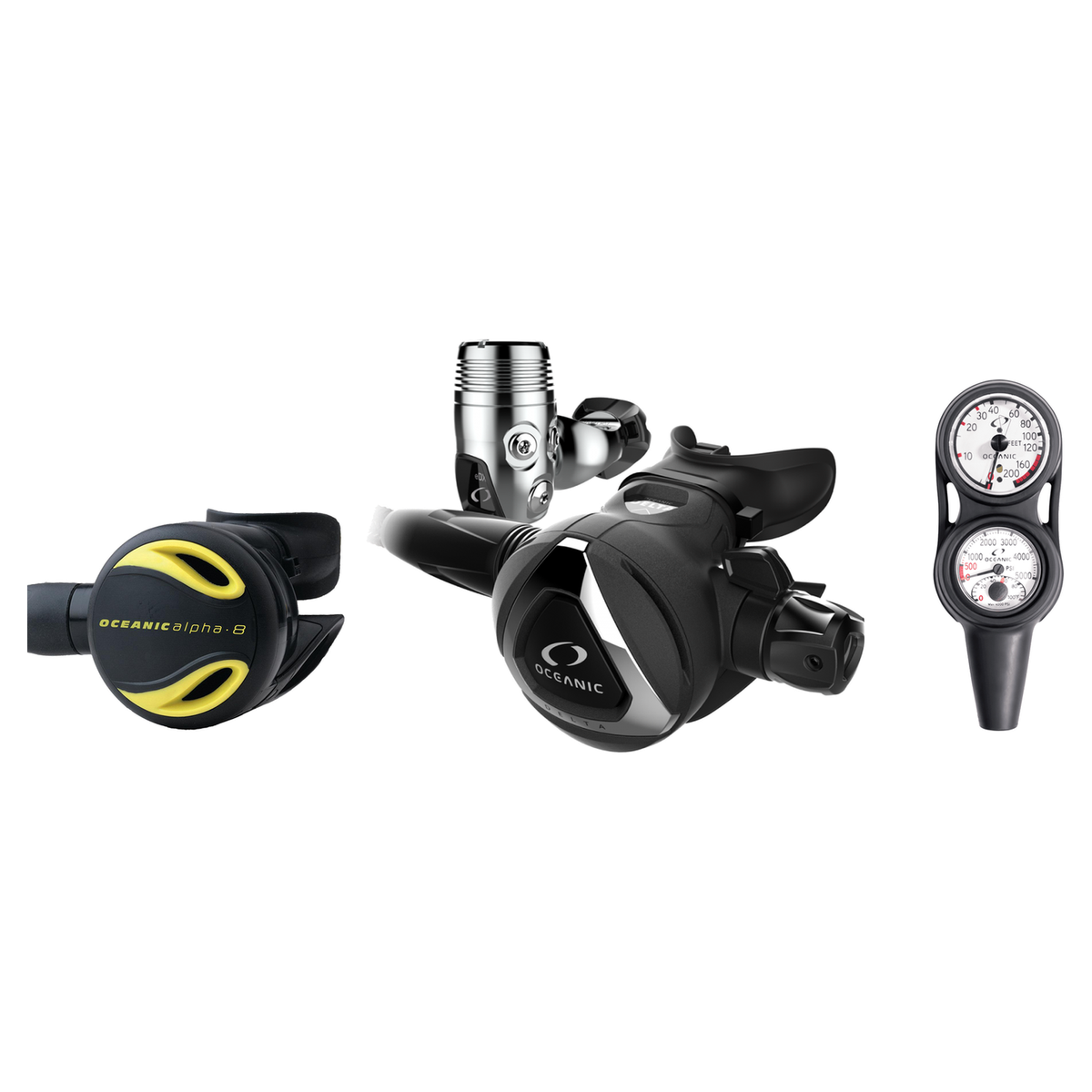 Oceanic Complete Regulator Set – Delta 5 + EDX Regulator + Alpha 8 Octopus + Maxdepth Console — BLACK, YOKE