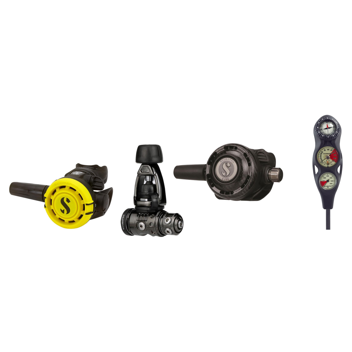 Scubapro Complete Regulator Set – MK 19 EVO BT / G260 Carbon Black Tech Regulator + R105 Octopus + 3-Gauge Console — INT