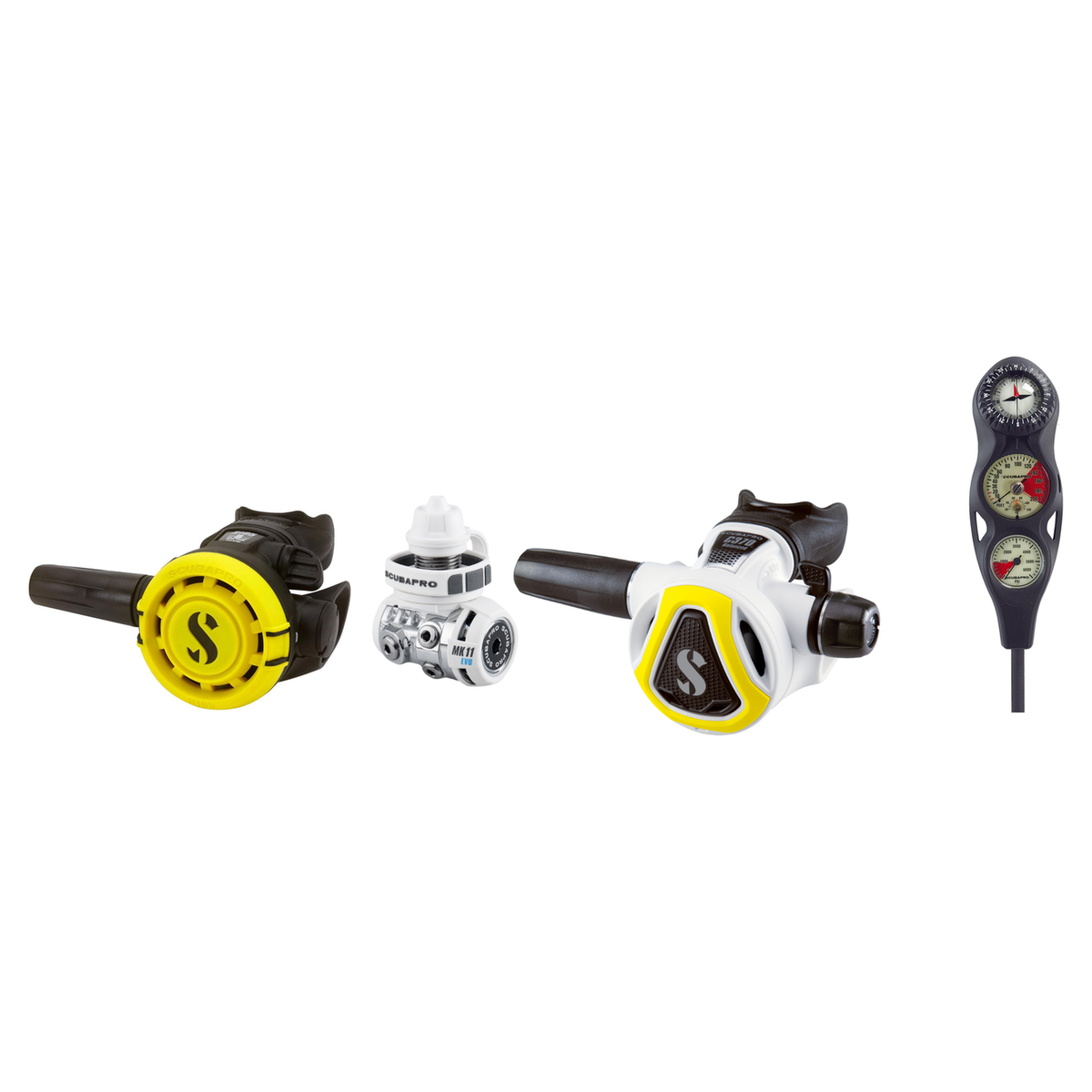 Scubapro Complete Regulator Set – MK11 EVO/C370 White Regulator + R105 Octopus + 3-Gauge Console — Yellow, DIN