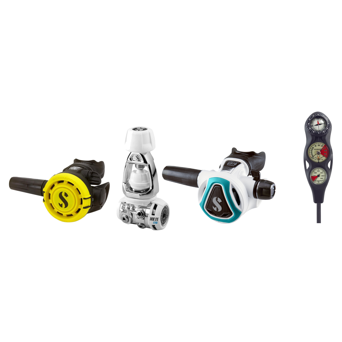 Scubapro Complete Regulator Set – MK11 EVO/C370 White Regulator + R105 Octopus + 3-Gauge Console — Turquoise, INT (Yoke)