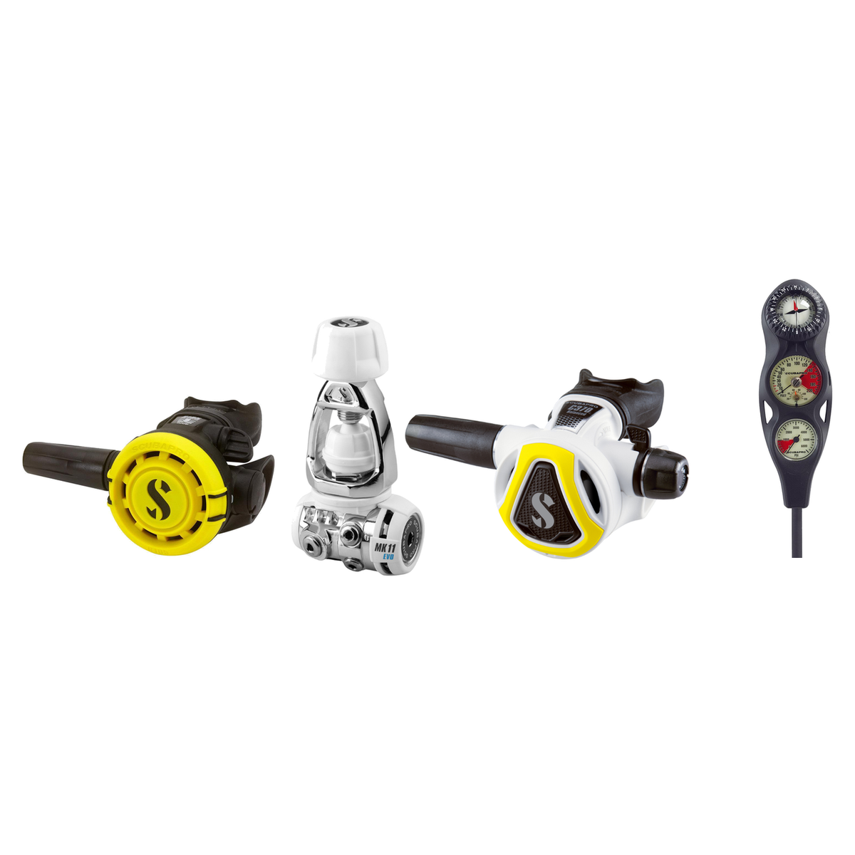 Scubapro Complete Regulator Set – MK11 EVO/C370 White Regulator + R105 Octopus + 3-Gauge Console — Yellow, INT (Yoke)
