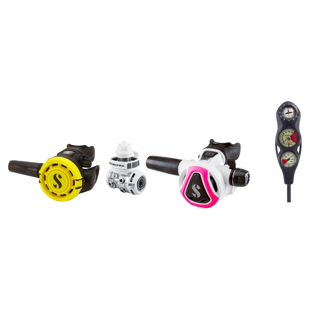 Scubapro Complete Regulator Set – MK11 EVO/C370 White Regulator + R105 Octopus + 3-Gauge Console — Pink, DIN