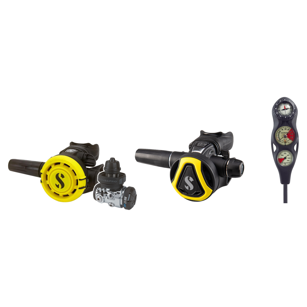 Scubapro Complete Regulator Set – MK17 EVO2/C370 Regulator + R105 Octopus + 3-Gauge Console — Yellow, DIN