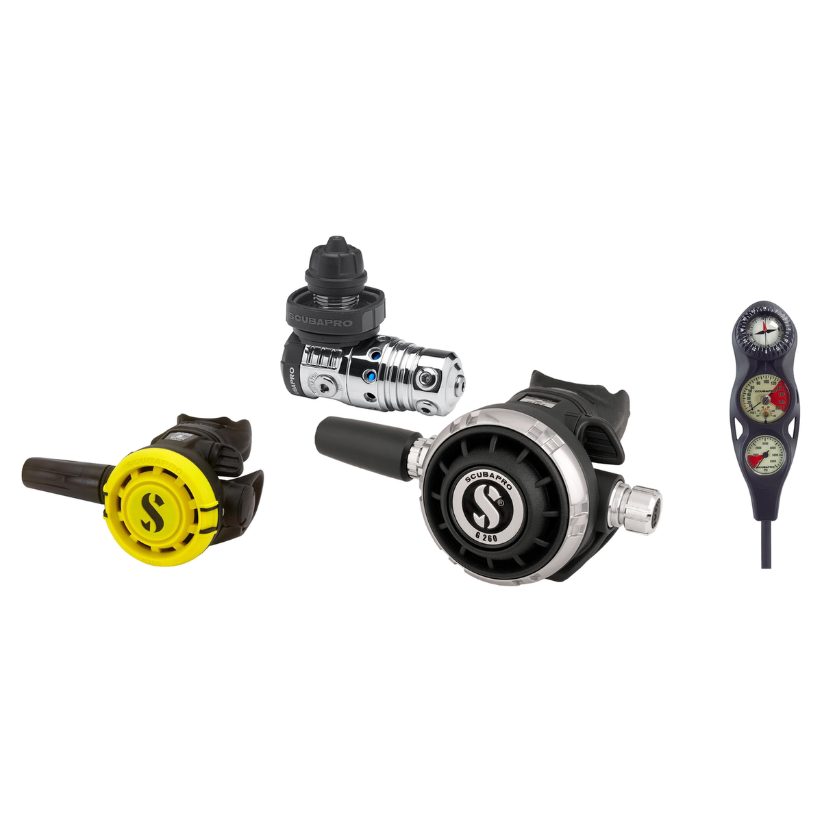 Scubapro Complete Regulator Set – MK25 EVO/G260 Regulator + R105 Octopus + 3-Gauge Console — DIN