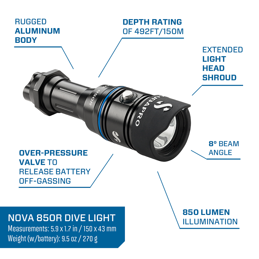 Scubapro Novalight 850R w/o Battery & Charger Rechargeable Torch Dive Light-