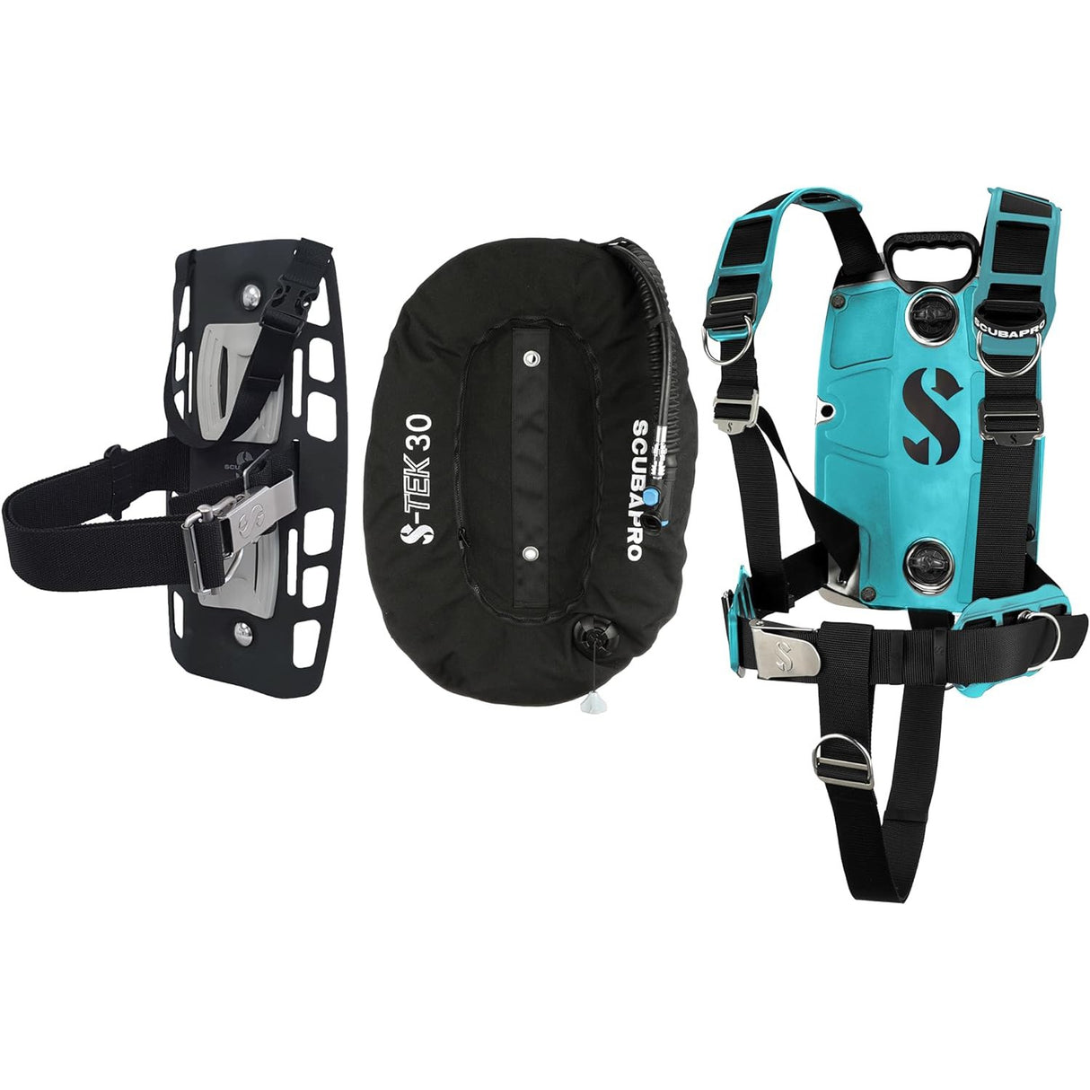 Scubapro S-TEK Donut Wing 30 + S-TEK Pro Harness SS + Single Tank Adapter + Back Shoulder Waist Pad (Color Kit Installed)-Turquoise-