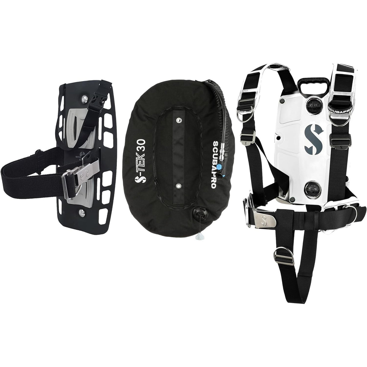 Scubapro S-TEK Donut Wing 30 + S-TEK Pro Harness SS + Single Tank Adapter + Back Shoulder Waist Pad (Color Kit Installed)-White-