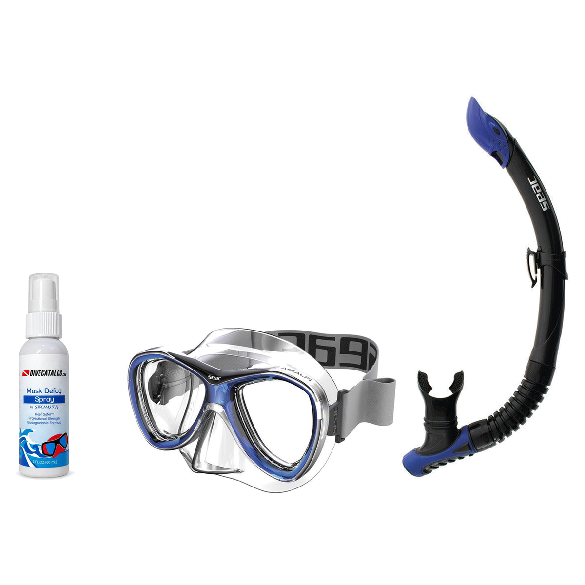Seac Mask + Snorkel Package – Amalfi Double Lens Mask + Tribe Dry Snorkel + Free Mask Defog Spray — Blue, Seac Reverse Snork…