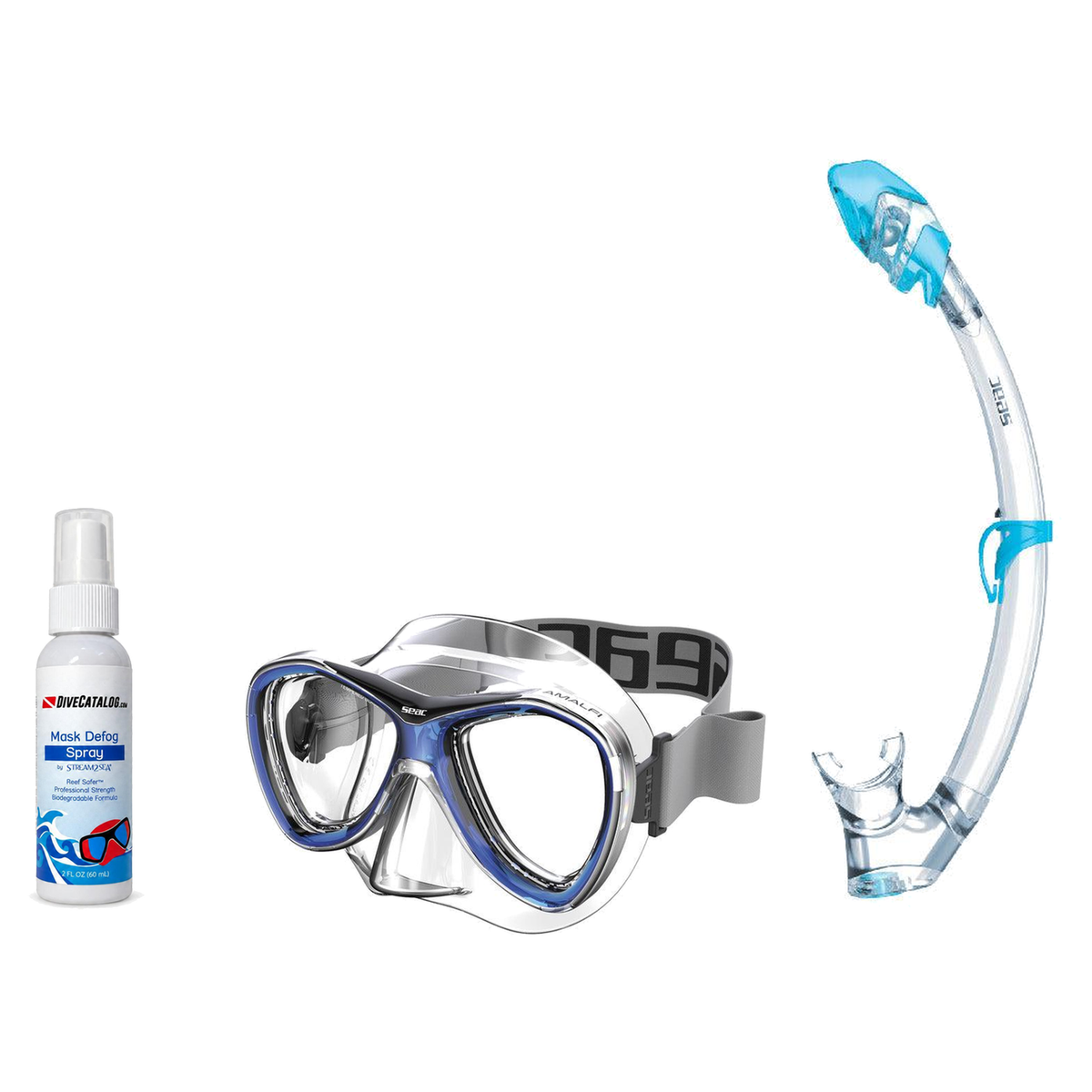 Seac Mask + Snorkel Package – Amalfi Double Lens Mask + Tribe Dry Snorkel + Free Mask Defog Spray — Blue, Seac Tribe Dry Scu…