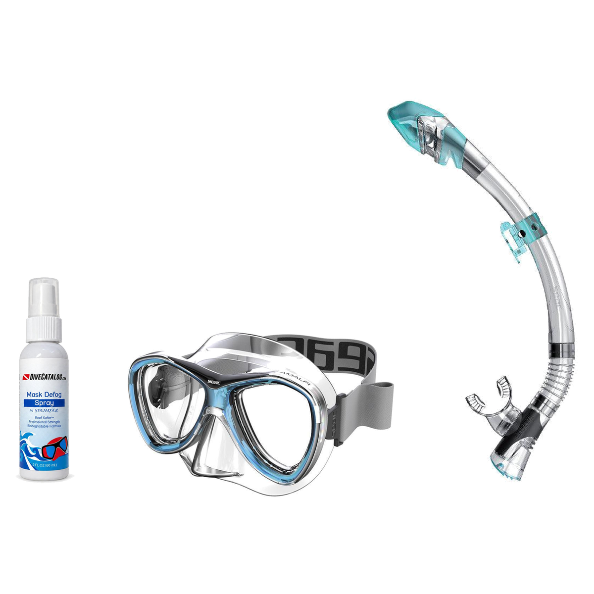 Seac Mask + Snorkel Package – Amalfi Double Lens Mask + Tribe Dry Snorkel + Free Mask Defog Spray — Aquamarine, Seac Fast Te…