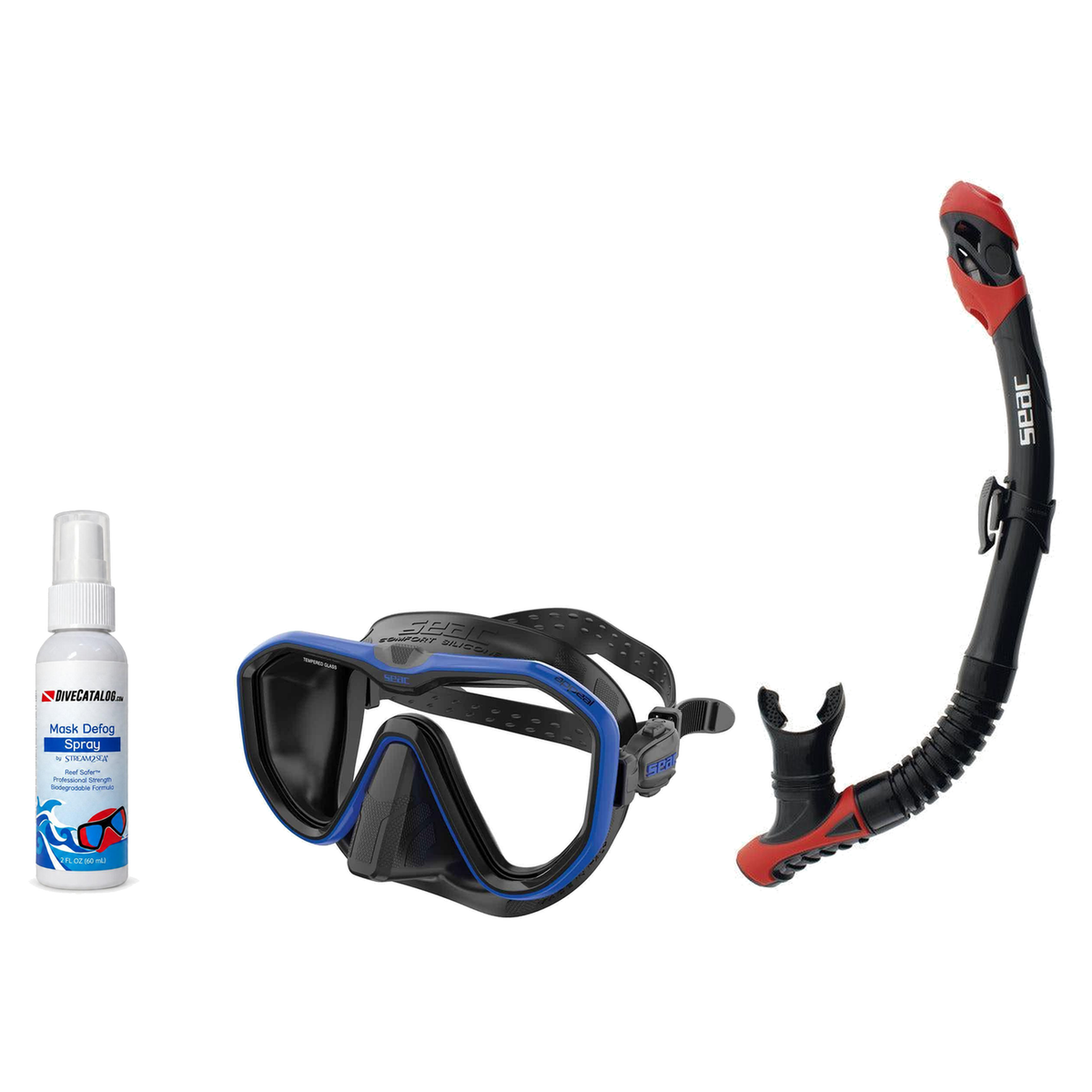 Seac Mask + Snorkel Package – Appeal Mask + Reverse Dry Snorkel + Free Mask Defog Spray — Blue, Seac Reverse Dry Snorkel