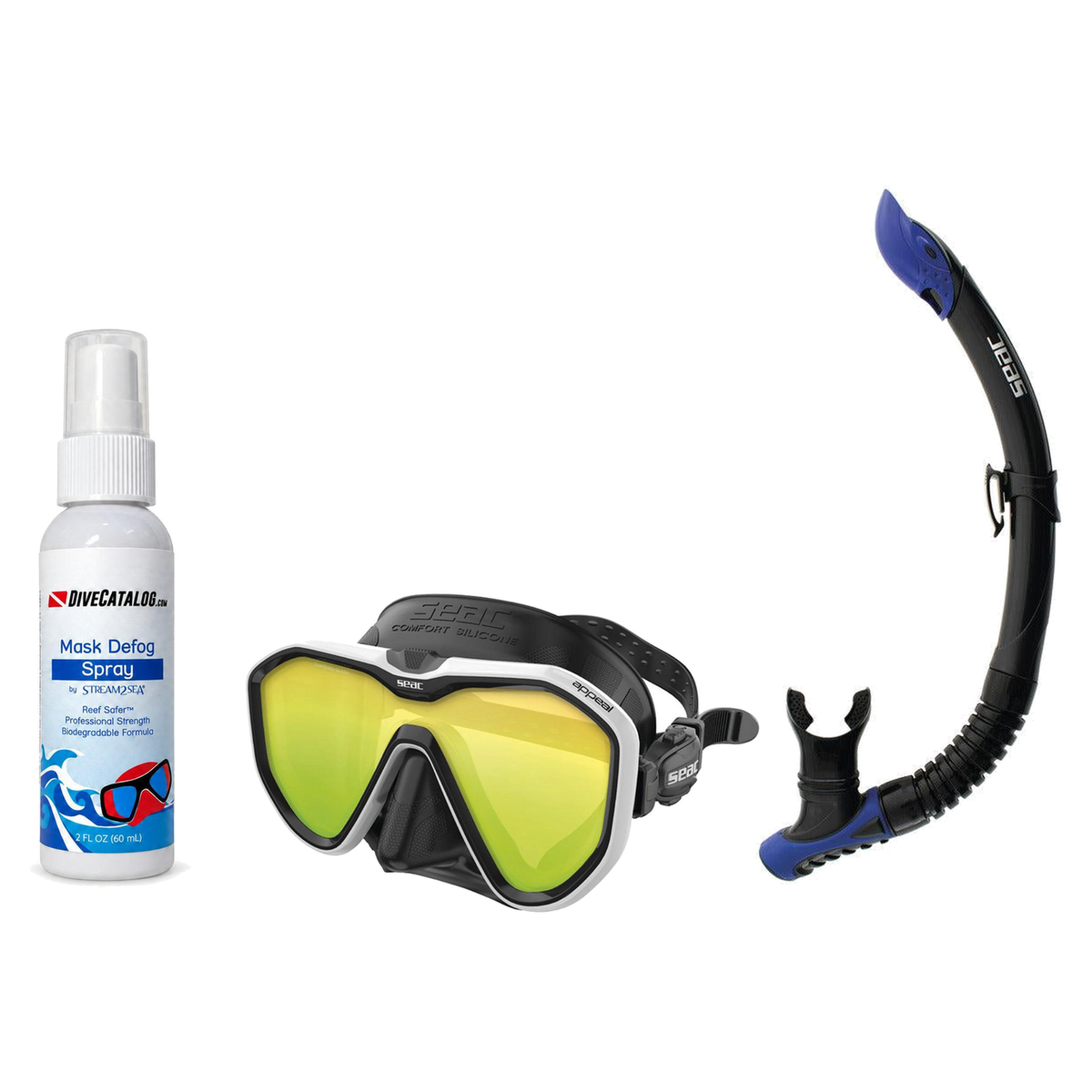 Seac Mask + Snorkel Package – Appeal Mask + Reverse Dry Snorkel + Free Mask Defog Spray — Mirrored White, Seac Reverse Snork…