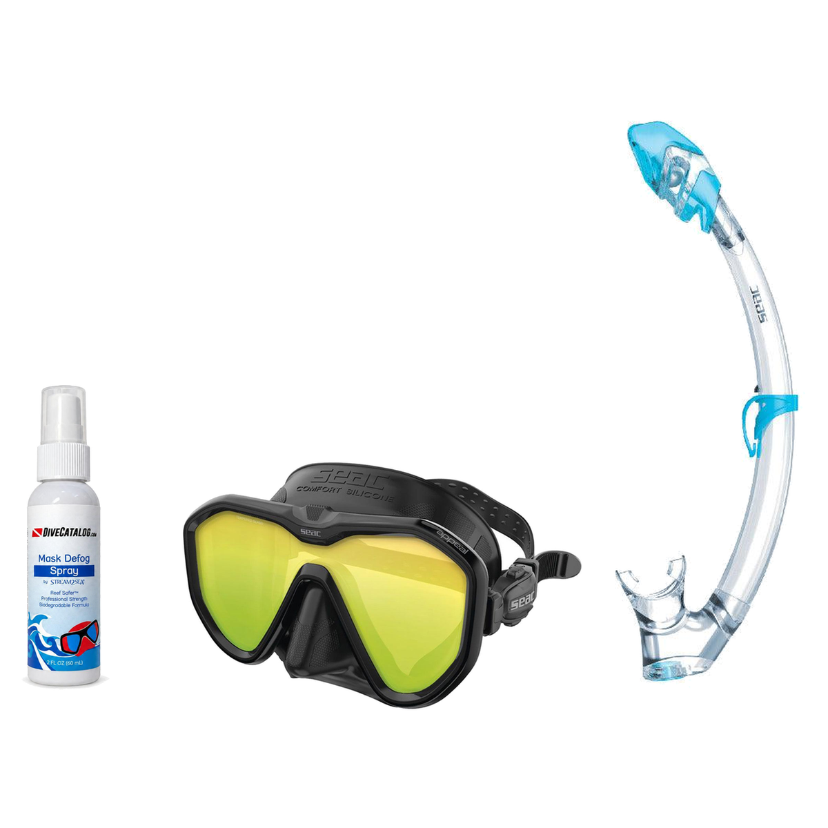 Seac Mask + Snorkel Package – Appeal Mask + Reverse Dry Snorkel + Free Mask Defog Spray — Mirrored Black, Seac Tribe Dry Scu…