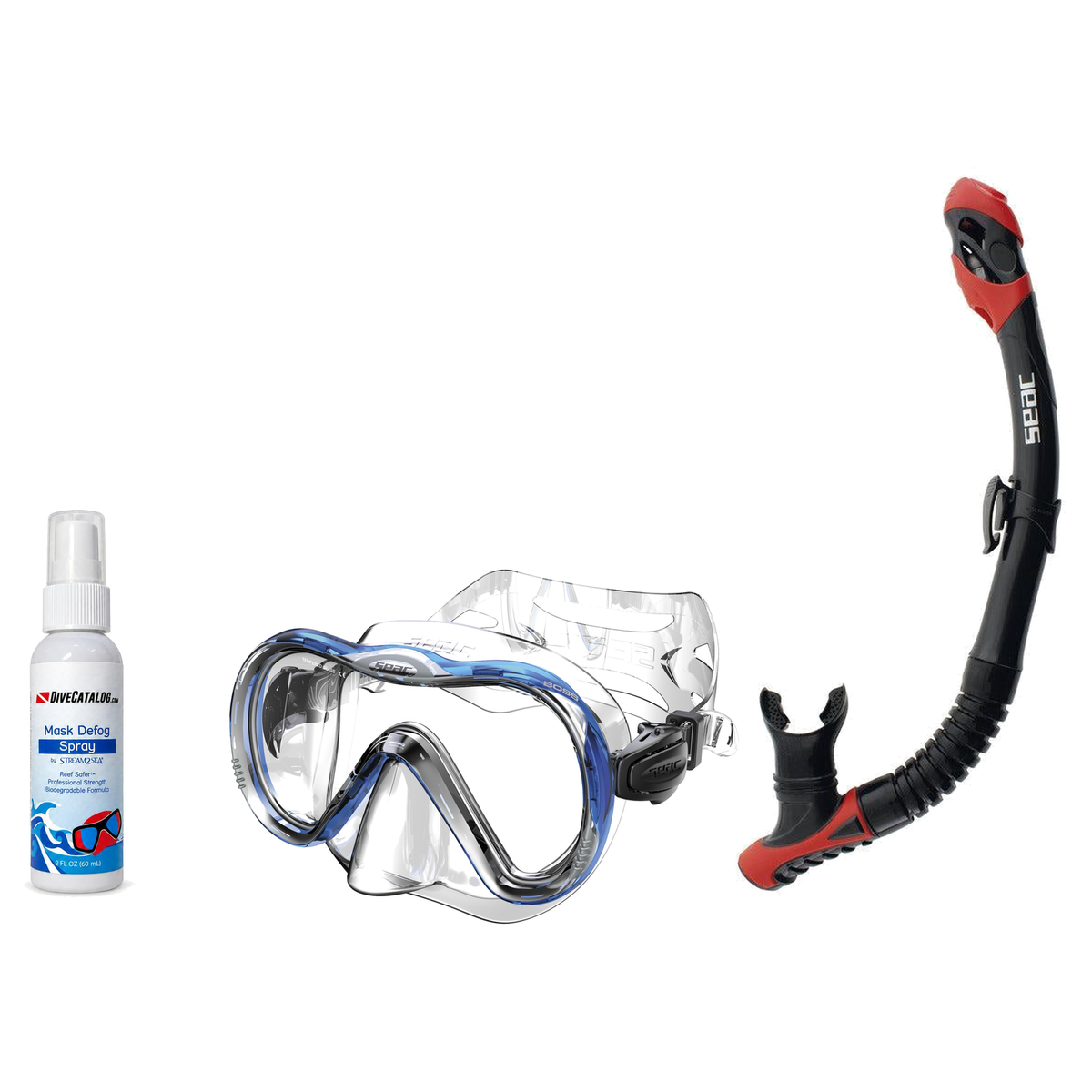 Seac Mask + Snorkel Package – Boss Mask + Reverse Dry Snorkel + Free Mask Defog Spray — includes SEAC SCUBA DIVING MASK BOS…