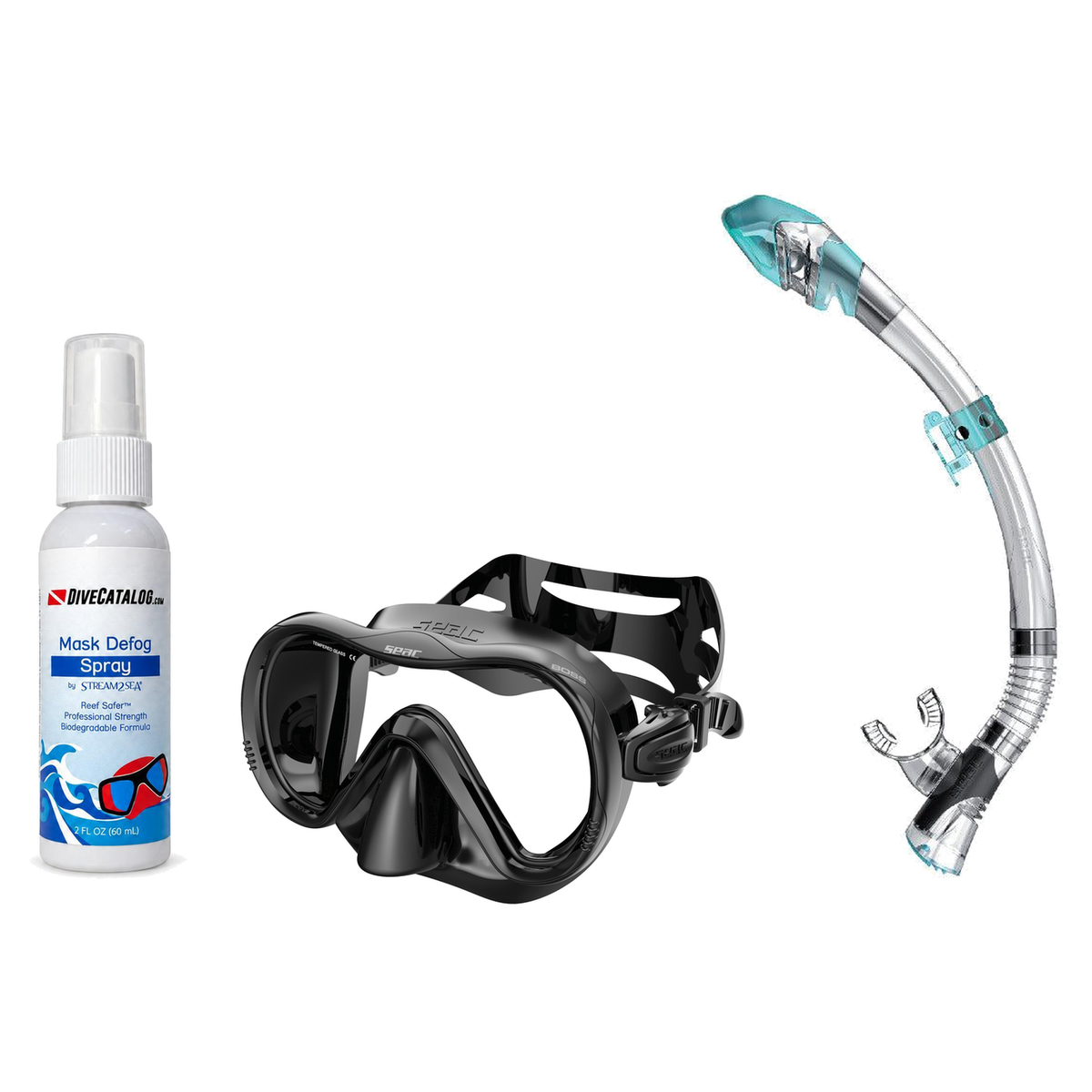 Seac Mask + Snorkel Package – Boss Mask + Reverse Dry Snorkel + Free Mask Defog Spray — Black/Silver, Seac Fast Tech Dry Adu…