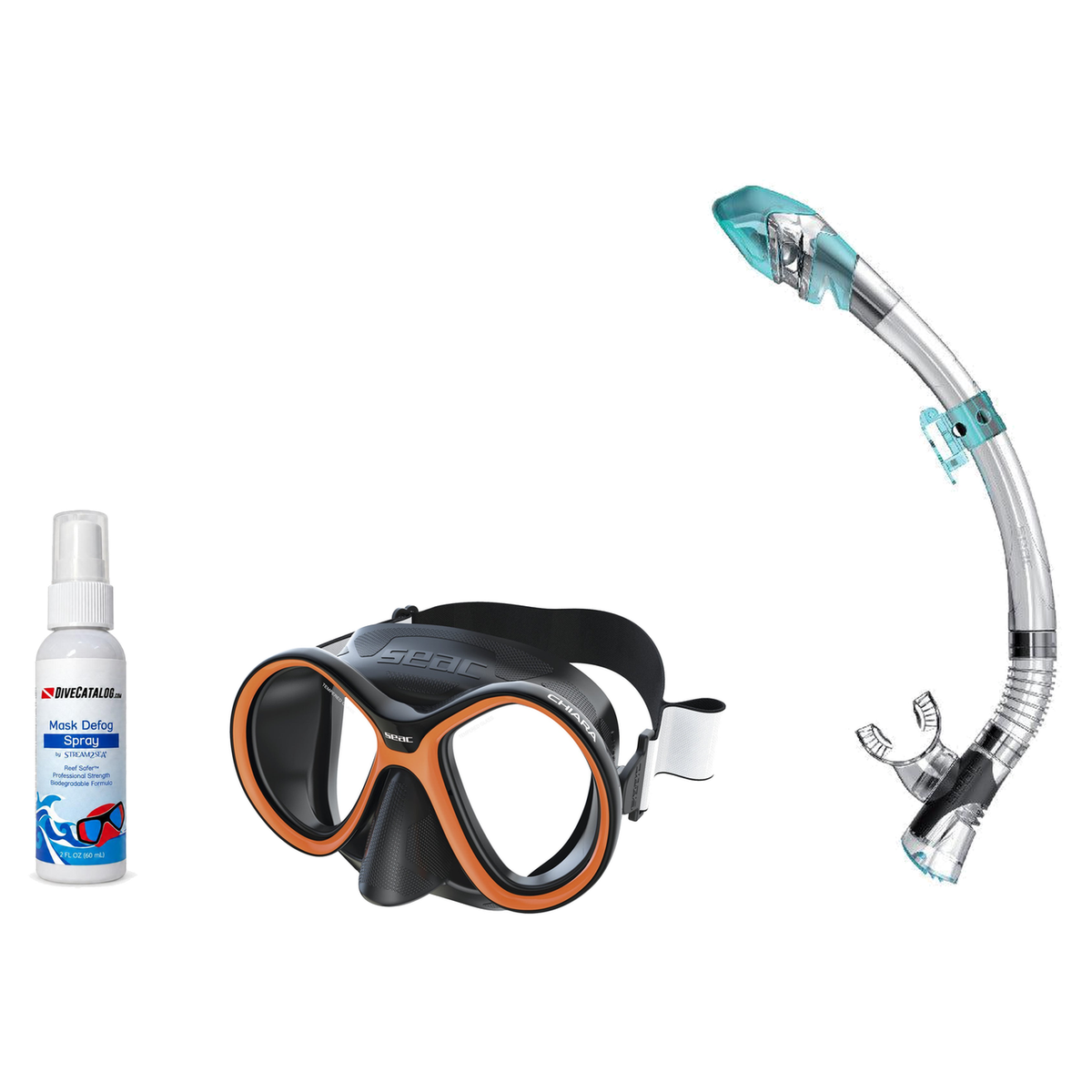 Seac Mask + Snorkel Package – Chiara Mask + Reverse Dry Snorkel + Free Mask Defog Spray — Black/Orange, Seac Fast Tech Dry A…