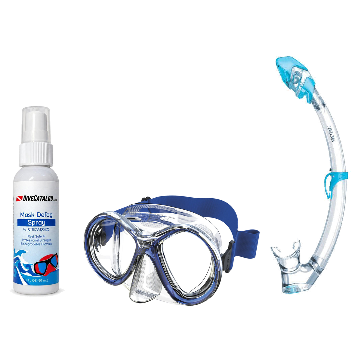 Seac Mask + Snorkel Package – Chiara Mask + Reverse Dry Snorkel + Free Mask Defog Spray — Transparent/Blue, Seac Tribe Dry S…