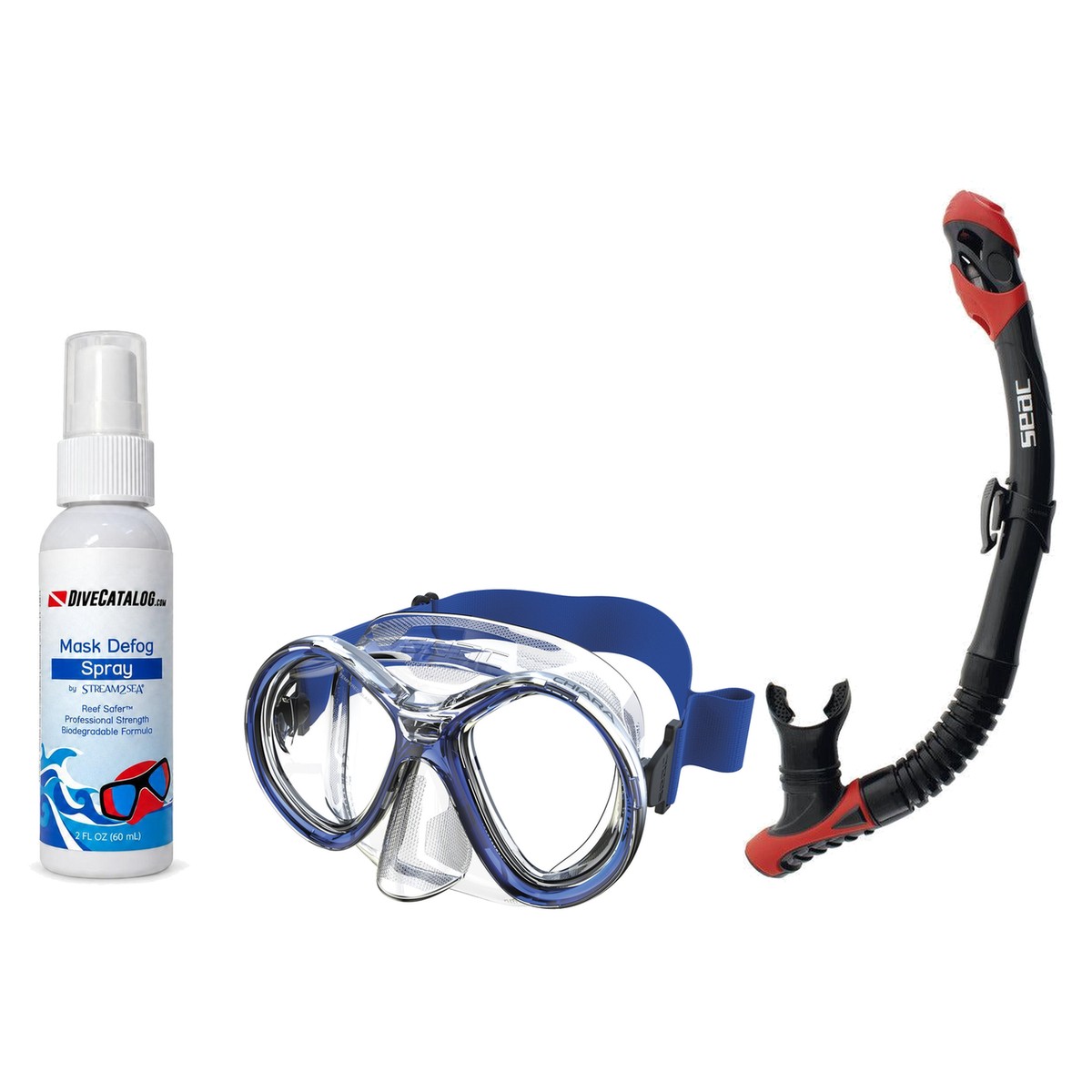 Seac Mask + Snorkel Package – Chiara Mask + Reverse Dry Snorkel + Free Mask Defog Spray — Transparent/Blue, Seac Reverse Dry…