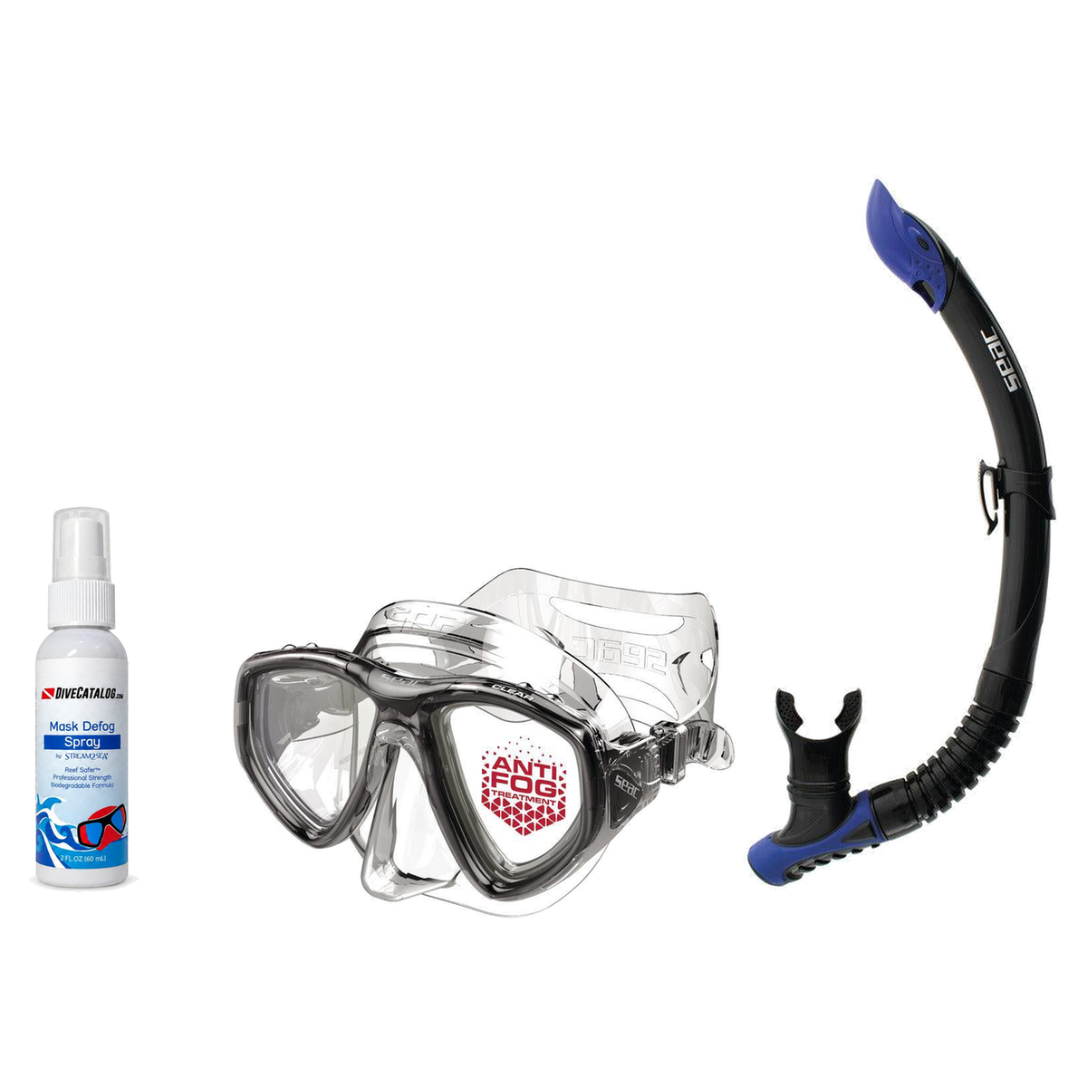 Seac Mask + Snorkel Package – Clear Anti-Fog Mask + Reverse Dry Snorkel + Free Mask Defog Spray — Black/Transparent, Seac Re…