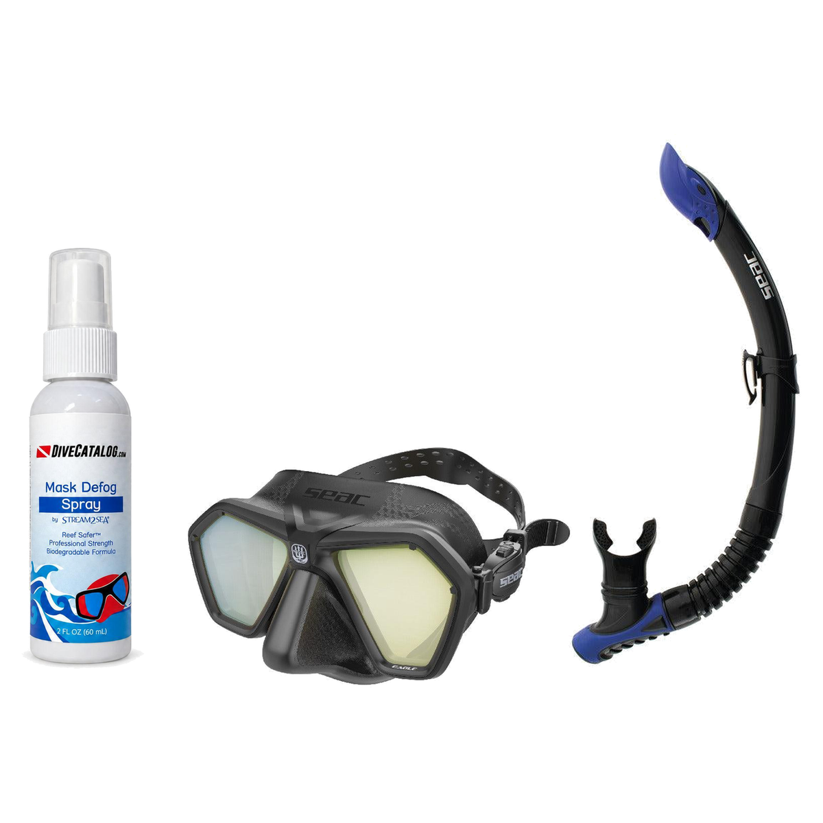 Seac Mask + Snorkel Package – Eagle Low Volume Mask + Reverse Dry Snorkel + Free Mask Defog Spray — Black/Yellow, Seac Rever…