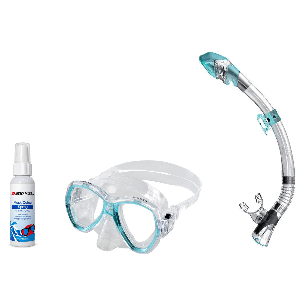 Seac Mask + Snorkel Package – Elba Adult Mask + Tribe Dry Snorkel + Free Mask Defog Spray — s/kl Aquamarine, Seac Fast Tech…
