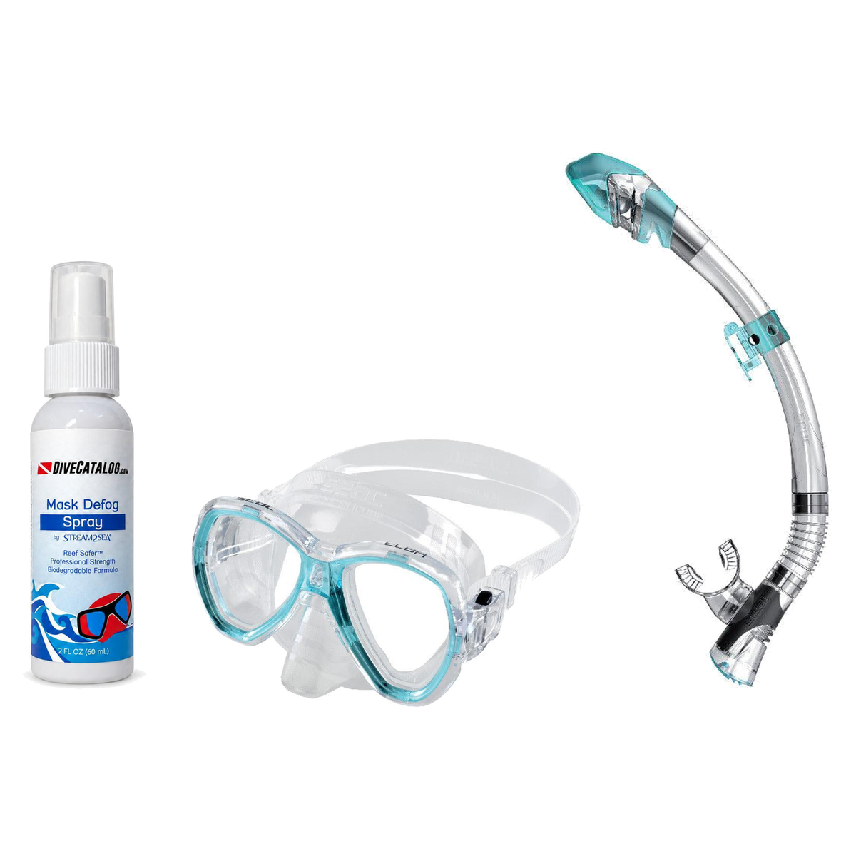Seac Mask + Snorkel Package – Elba Adult Mask + Tribe Dry Snorkel + Free Mask Defog Spray — s/kl Aquamarine, Seac Fast Tech…