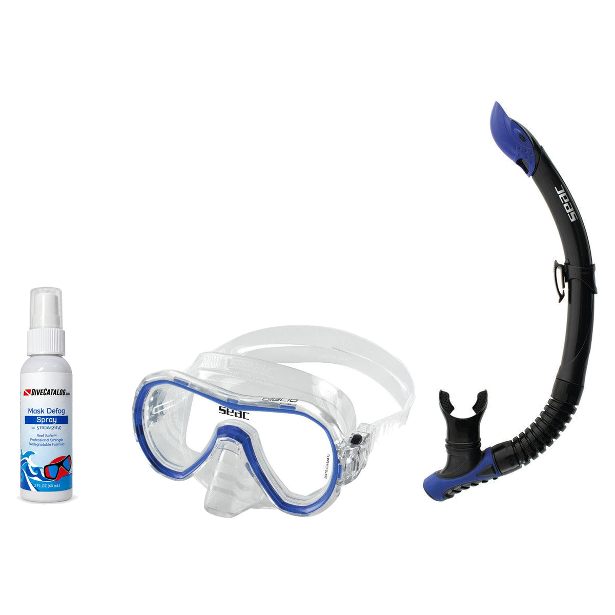 Seac Mask + Snorkel Package – Giglio Adult Mask + Tribe Dry Snorkel + Free Mask Defog Spray — S/kl Blue, Seac Reverse Snorke…