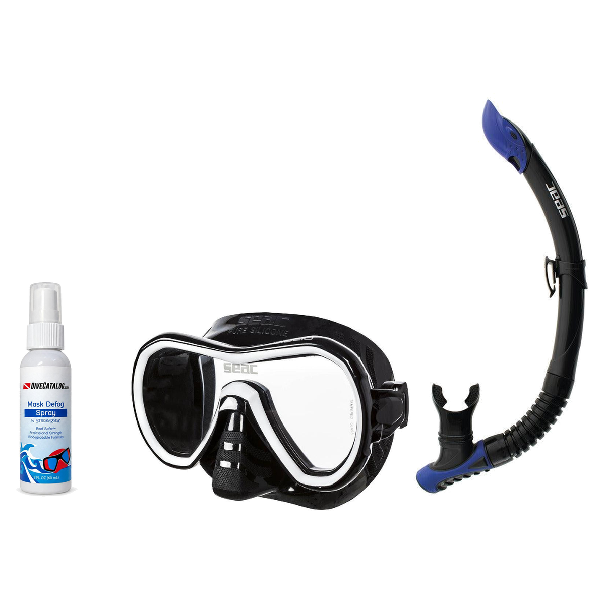 Seac Mask + Snorkel Package – Giglio Adult Mask + Tribe Dry Snorkel + Free Mask Defog Spray — Black/White, Seac Reverse Snor…