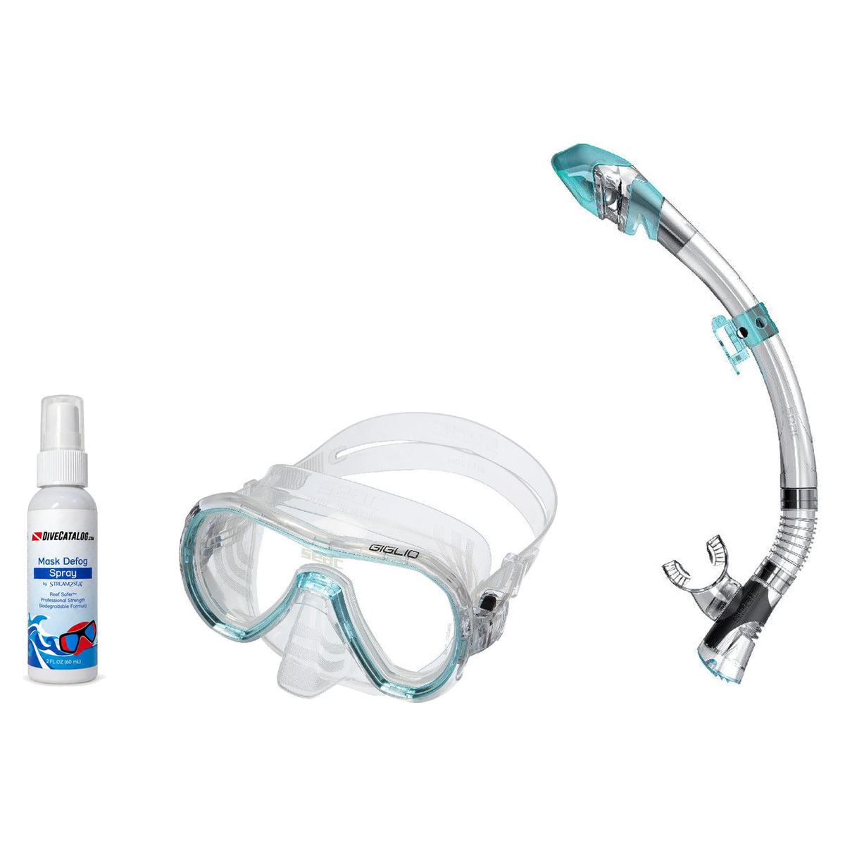 Seac Mask + Snorkel Package – Giglio Adult Mask + Tribe Dry Snorkel + Free Mask Defog Spray — s/kl Aquamarine, Seac Fast Tec…