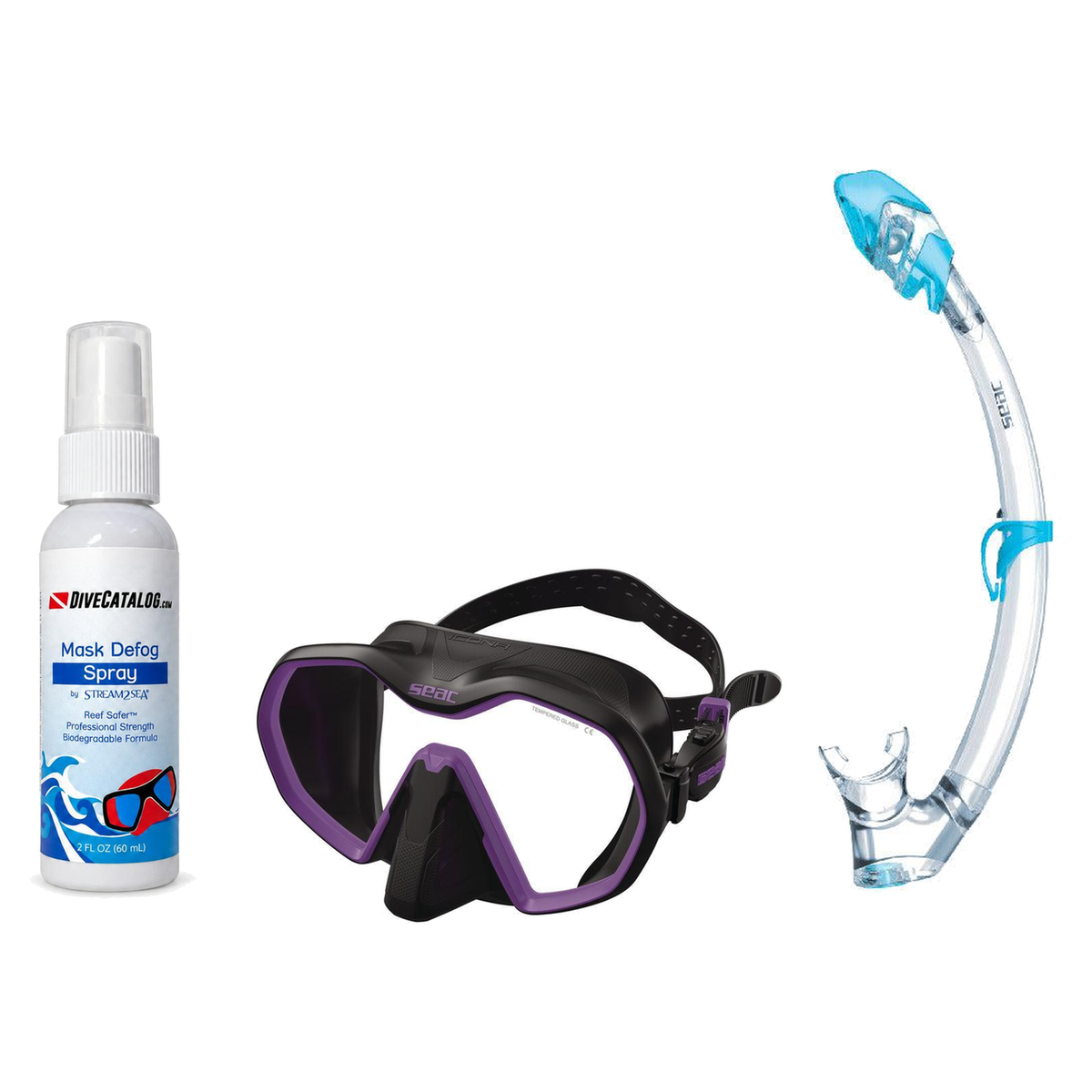 Seac Mask + Snorkel Package – Icona Mask + Reverse Dry Snorkel + Free Mask Defog Spray — Black/Lila, Seac Tribe Dry Scuba Di…
