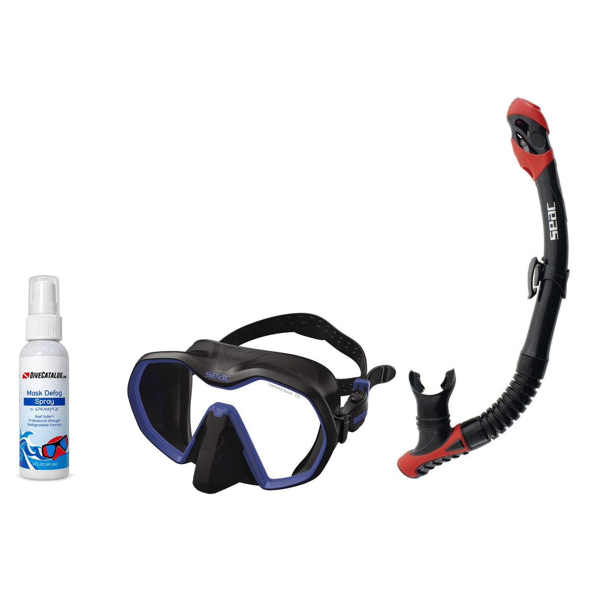 Seac Mask + Snorkel Package – Icona Mask + Reverse Dry Snorkel + Free Mask Defog Spray — Black/Blue, Seac Reverse Dry Snorkel