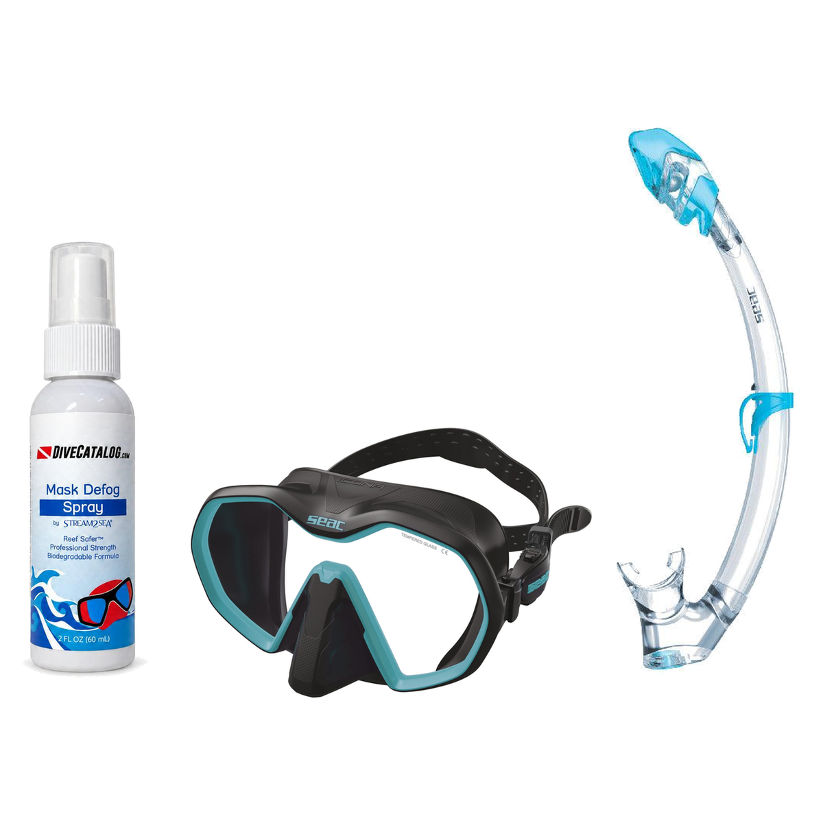 Seac Mask + Snorkel Package – Icona Mask + Reverse Dry Snorkel + Free Mask Defog Spray — Black/teal, Seac Tribe Dry Scuba Di…