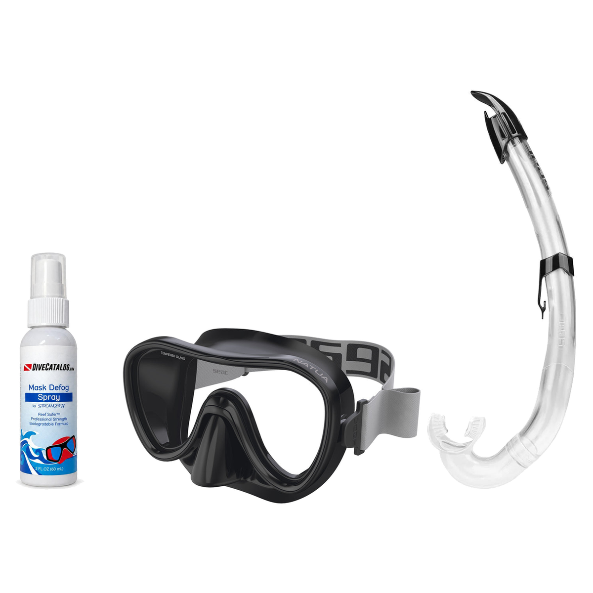 Seac Mask + Snorkel Package – Natua Mask + Tribe Dry Snorkel + Free Mask Defog Spray — Clear Black, Seac Flash Snorkel
