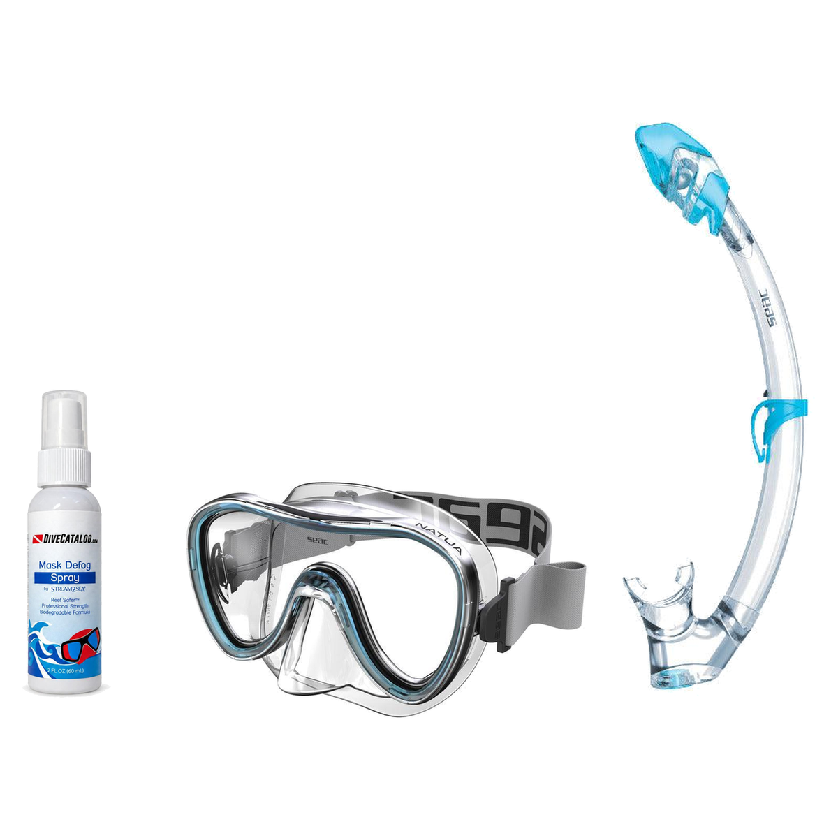 Seac Mask + Snorkel Package – Natua Mask + Tribe Dry Snorkel + Free Mask Defog Spray — Clear Aquamarine, Seac Tribe Dry Scub…