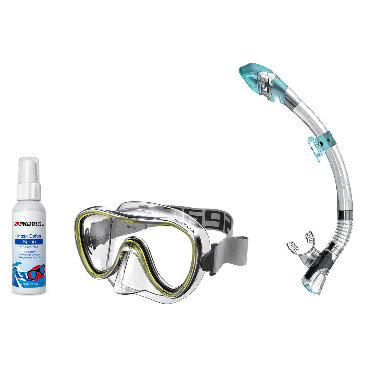 Seac Mask + Snorkel Package – Natua Mask + Tribe Dry Snorkel + Free Mask Defog Spray — Clear Yellow, Seac Fast Tech Dry Adul…