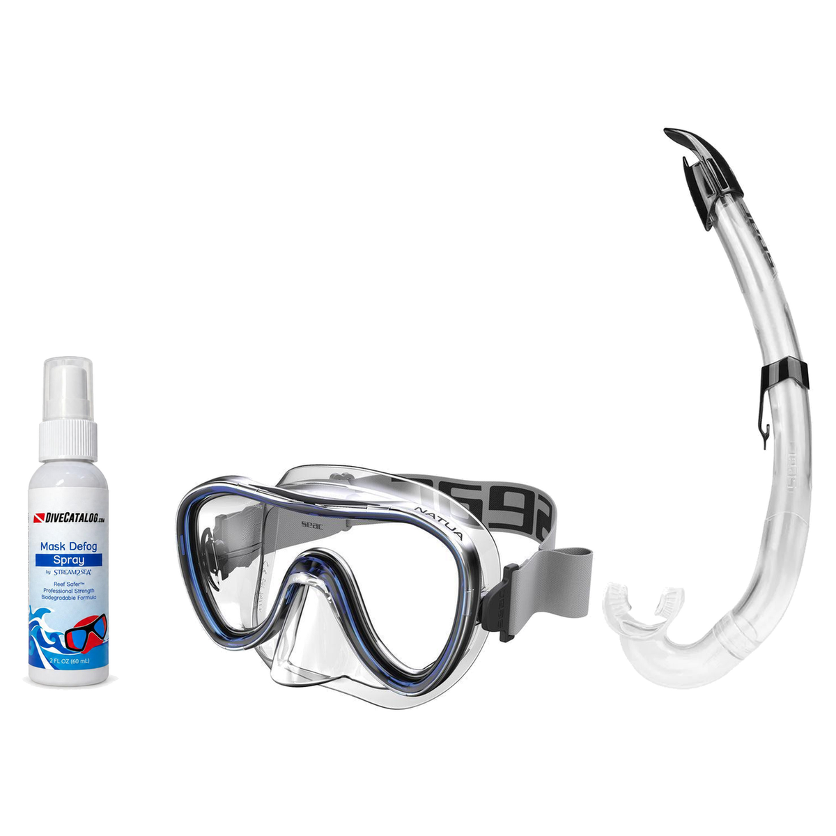 Seac Mask + Snorkel Package – Natua Mask + Tribe Dry Snorkel + Free Mask Defog Spray — Clear Blue, Seac Flash Snorkel