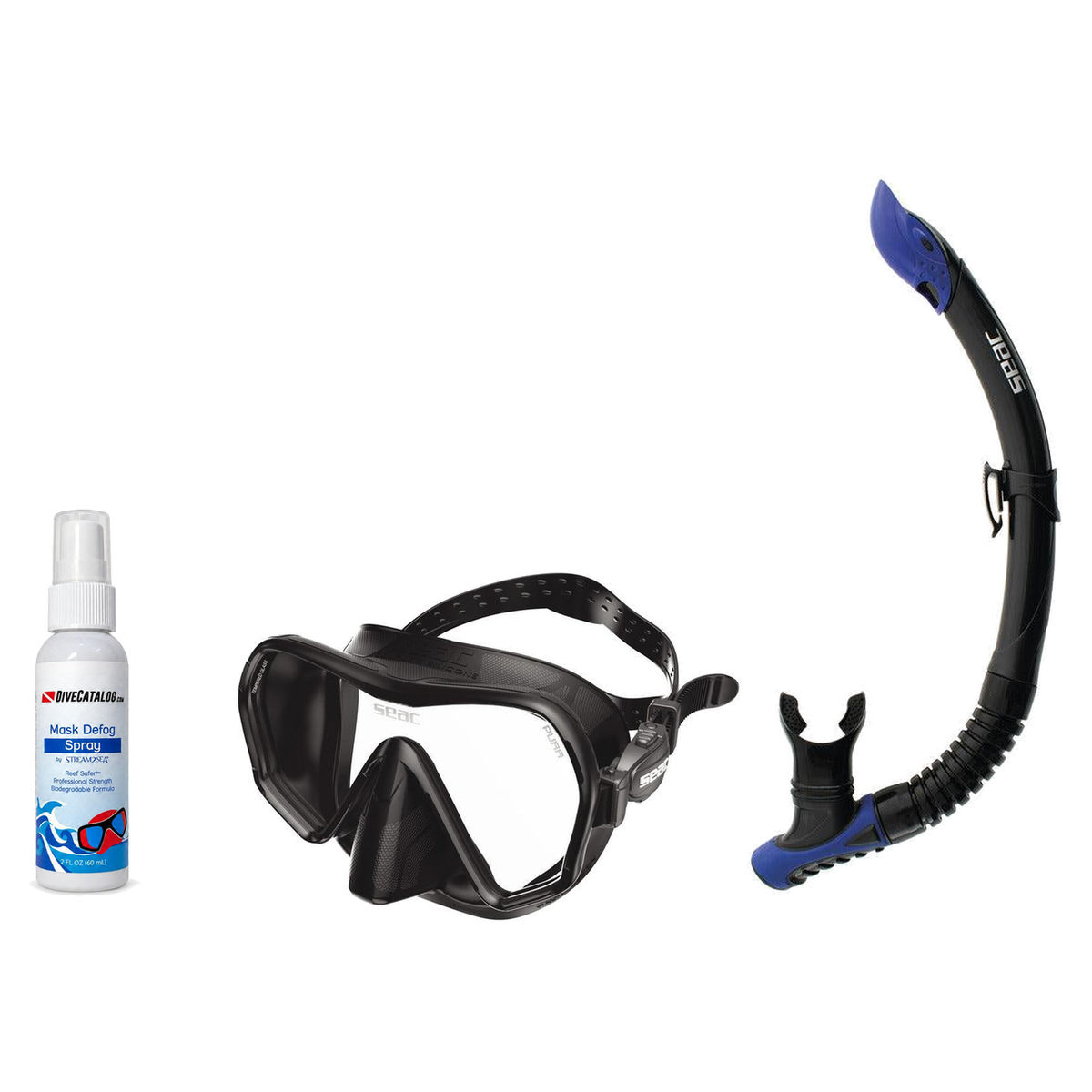 Seac Mask + Snorkel Package – Pura Anti-Fog Mask + Reverse Dry Snorkel + Free Mask Defog Spray — Black, Seac Reverse Snorkel…