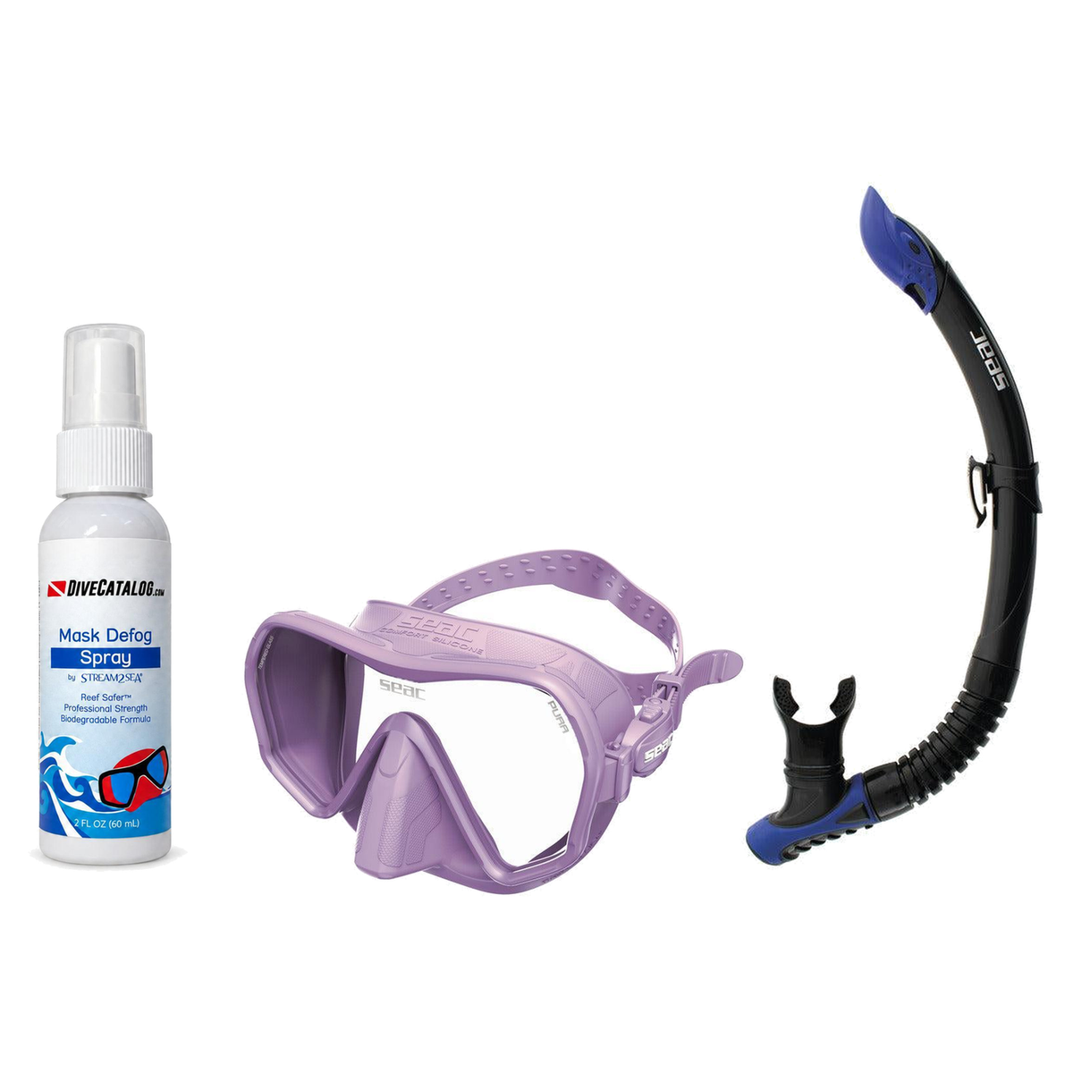 Seac Mask + Snorkel Package – Pura Anti-Fog Mask + Reverse Dry Snorkel + Free Mask Defog Spray — Lilac, Seac Reverse Snorkel…