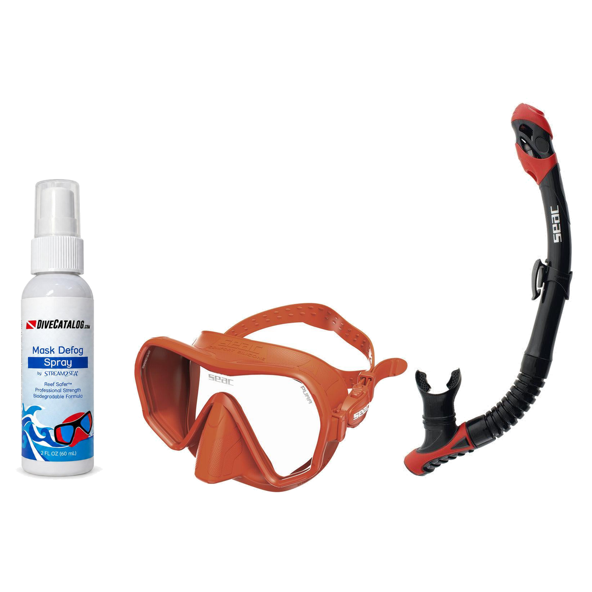 Seac Mask + Snorkel Package – Pura Anti-Fog Mask + Reverse Dry Snorkel + Free Mask Defog Spray — Orange, Seac Reverse Dry Sn…